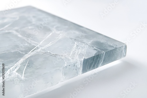 A close-up of a translucent block of ice with intricate crack patterns, showcasing its fragile beauty.