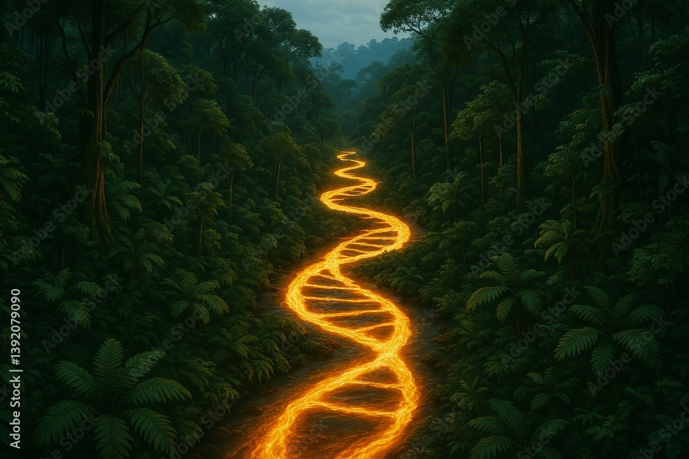 Obraz premium Glowing DNA Shaped River Flows Through Rainforest, Life Symbolism