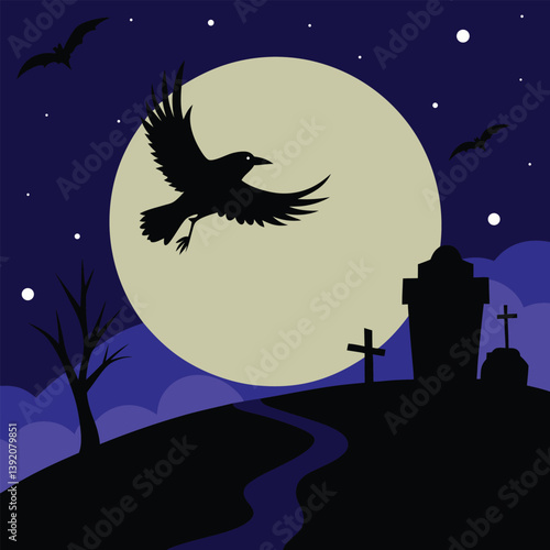 Crow Flying Over Graveyard With Full Moon And Bats at Night