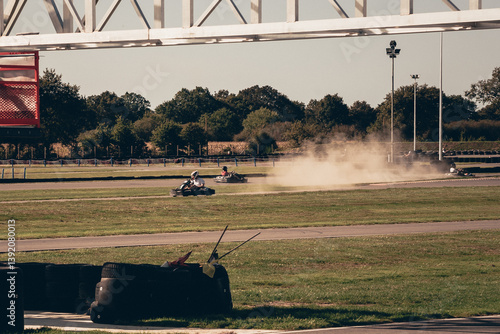 Golden hour karting scene on open track
