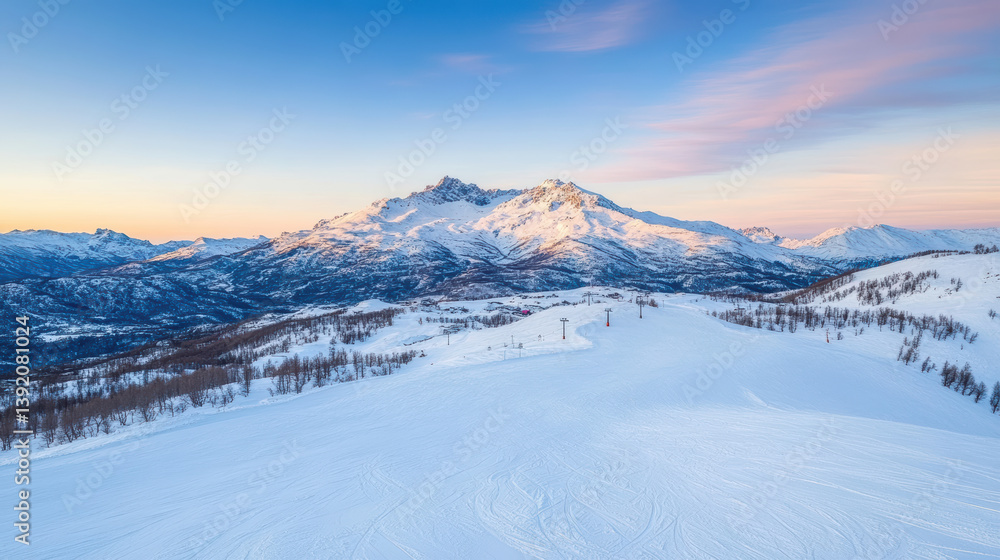 breathtaking snowy landscape with majestic mountains and clear sky at sunset breathtaking snowy landscape with majestic mountains and clear sky at sunset