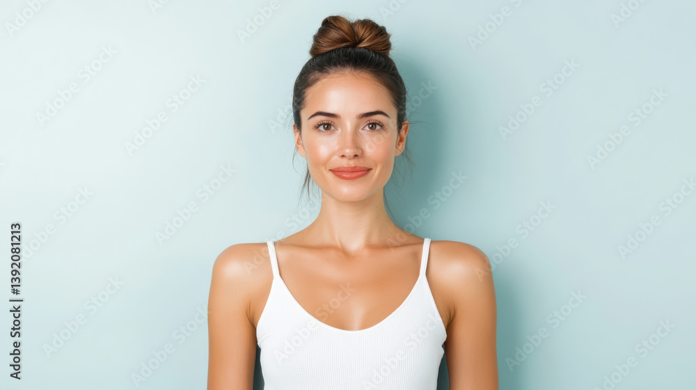Fresh and radiant woman with bun hairstyle, wearing white top against light blue background