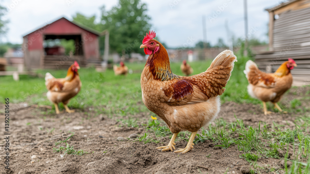 Fototapeta premium group of hens roaming freely in grassy area near rustic barn, showcasing peaceful farm setting