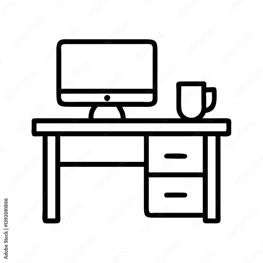 Office desk with computer and coffee mug vector icon workspace outline illustration for web and print design Office desk with computer and coffee mug vector icon workspace outline illustration for web and print design