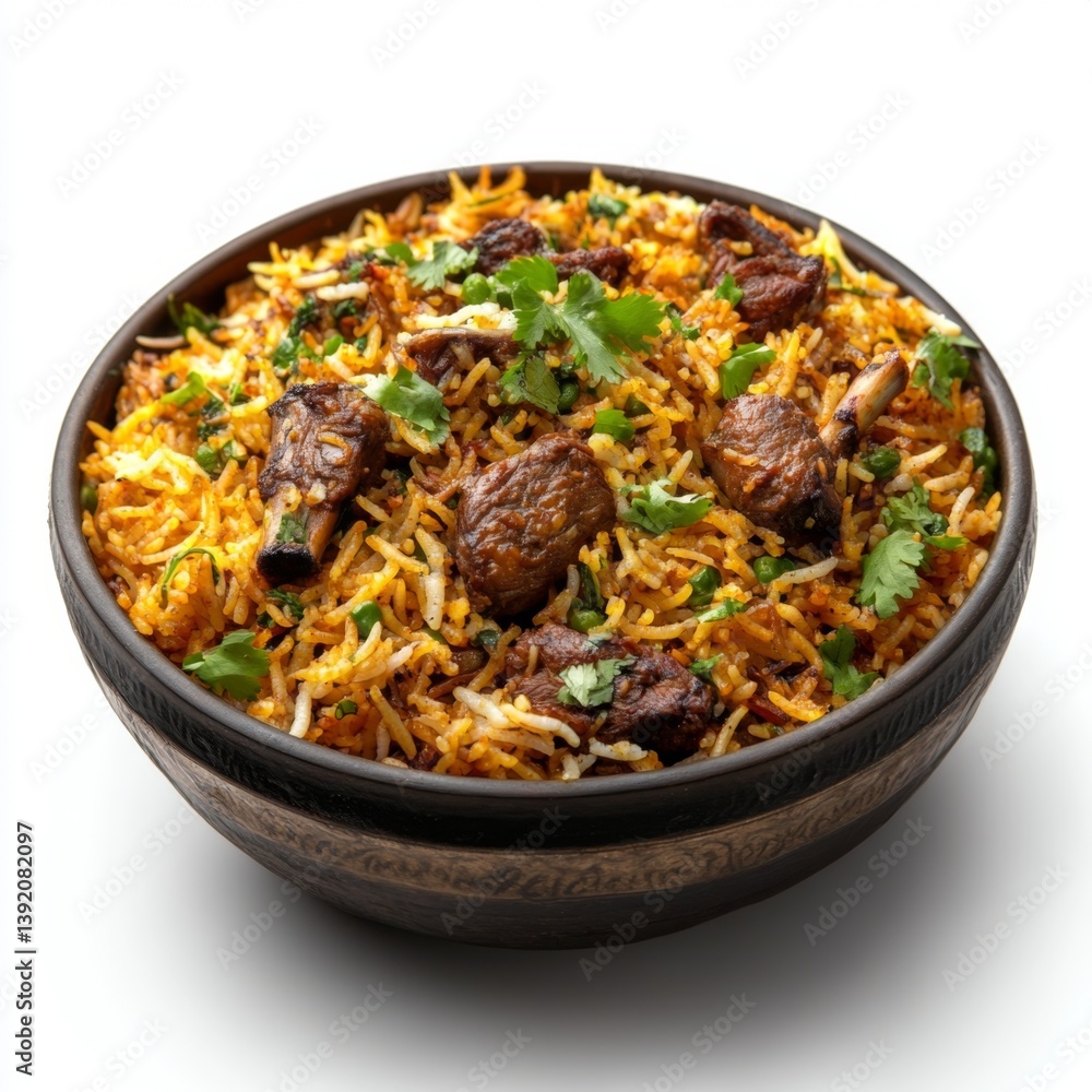 Delicious lamb biryani in a bowl, studio shot, isolated on white background Delicious lamb biryani in a bowl, studio shot, isolated on white background