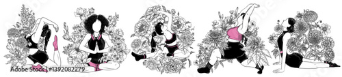 Vector set of 5 girls of different nationalities and body types doing pilates on a background of flowers. Sport in a blooming garden. Blooming fitness print. Women's gym. Workout for ladies