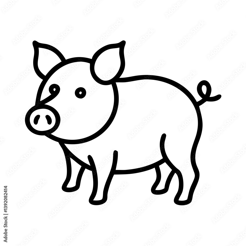 Fototapeta premium Cute pig outline vector drawing for coloring book pages and farm animal illustration projects design