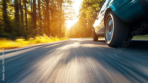 vintage style photograph of classic car cruising on sunlit forest road, with motion blur emphasizing speed and freedom. warm sunlight creates nostalgic and adventurous atmosphere
