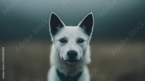 close up of white dog with black ears, staring intently at camera in misty outdoor setting. background is blurred, emphasizing dog sharp features and calm expression