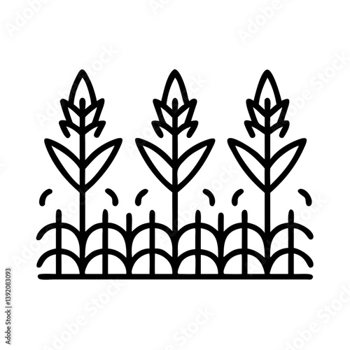 Illustration of wheat field agriculture farm with plants and fence in black and white outline style