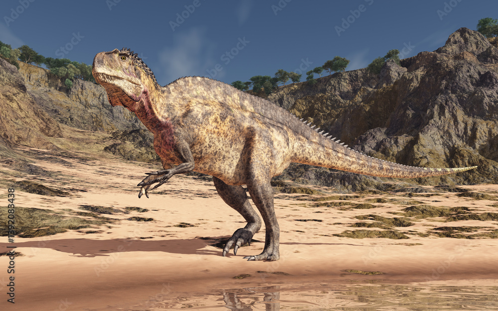 Fototapeta premium Dinosaurier Acrocanthosaurus in einer Küstenlandschaft