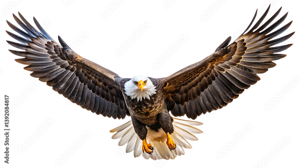 Obraz premium a spread wing bald eagle soars in the sky isolated on white background PNG. GENERATIVE AI