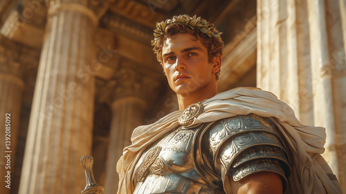 Neoclassical Portrait of Alexander the Great in Battle Armor with Sword and Laurel Wreath