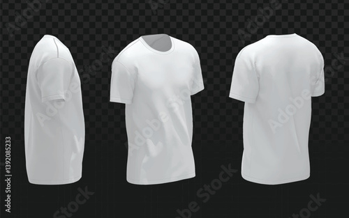 Three views of a blank white t-shirt (side, front, back) on a transparent dark checkered background. Ideal for apparel mockups and design presentations.