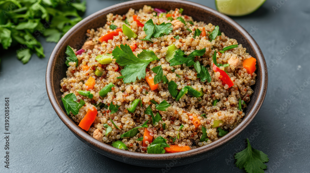 Fresh quinoa salad with colorful vegetables and herbs, offering vibrant and healthy meal option Fresh quinoa salad with colorful vegetables and herbs, offering vibrant and healthy meal option