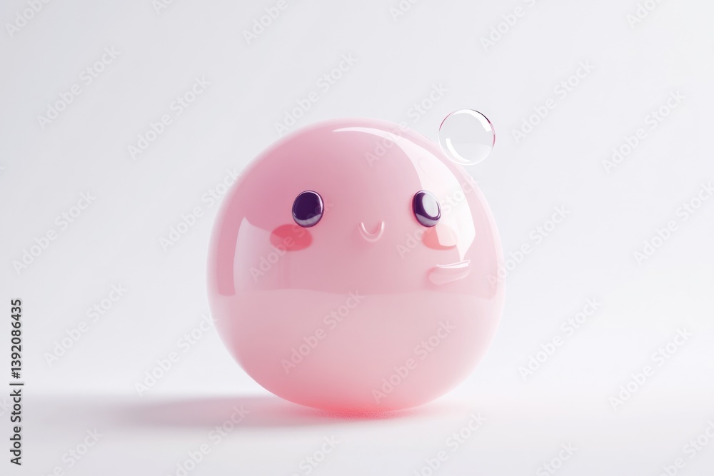 A cute pink blob character with a happy expression, floating near a transparent bubble. A cute pink blob character with a happy expression, floating near a transparent bubble.