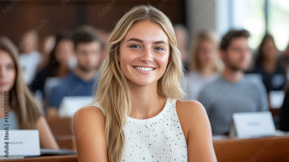 bright and cheerful student smiles university classroom filled with peers, showcasing positive bright and cheerful student smiles university classroom filled with peers, showcasing positive