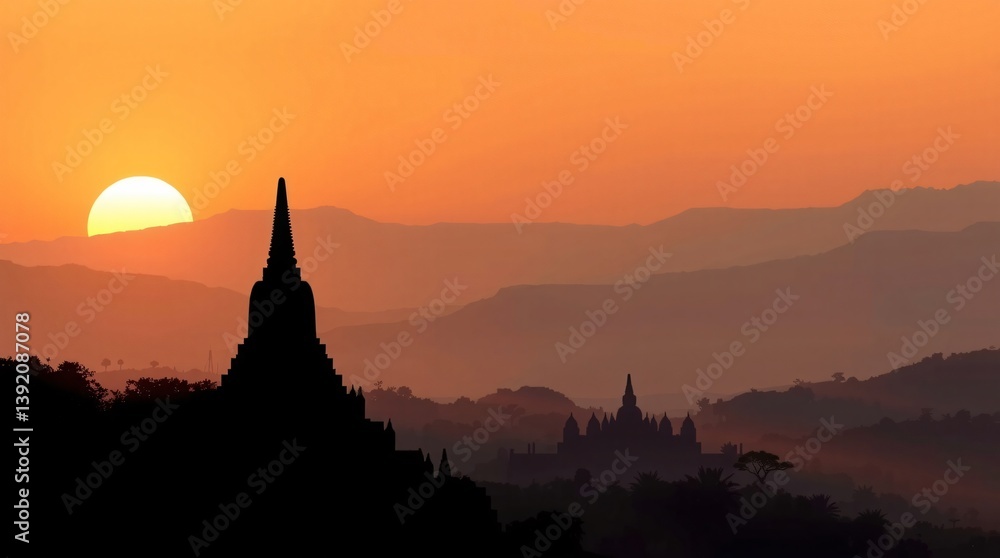 Minimalist Borobudur silhouette at sunrise, bathed in golden light with soft earth-tone sky. Clean, sacred vibe with space below for Waisak message or text. Minimalist Borobudur silhouette at sunrise, bathed in golden light with soft earth-tone sky. Clean, sacred vibe with space below for Waisak message or text.