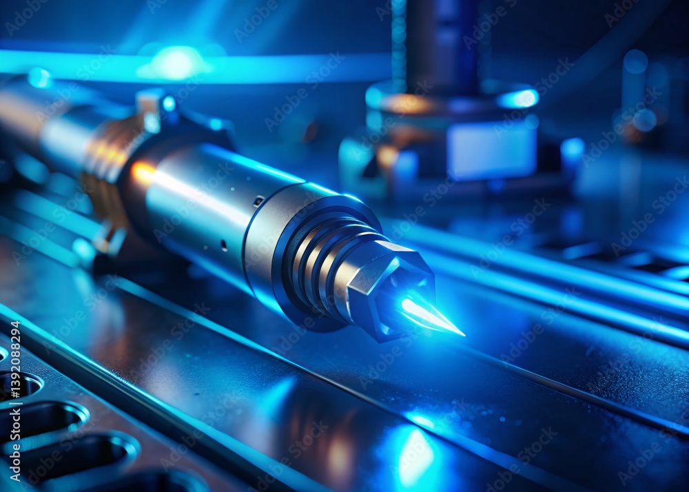 Blue Neon Laser Cutter Tool Stock Photo: Bokeh Background Design Element Blue Neon Laser Cutter Tool Stock Photo: Bokeh Background Design Element