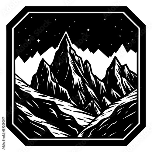 Silhouette of rocky mountain terrain in square frame