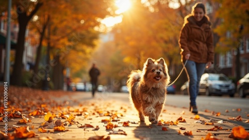 A woman walks her cheerful dog on a city street covered in vibrant autumn leaves. The sun sets, casting a warm glow over the scene while others stroll nearby