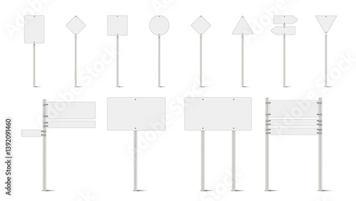 Blank Road Traffic Signs on Metal Poles – Vector Set of 3D Realistic Street Signboards in Various Shapes for Directions, Warnings, and Information.