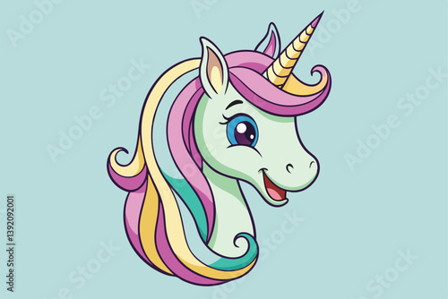 Vibrant and whimsical cartoon unicorn head illustration, featuring playful laughter and neighing sounds.