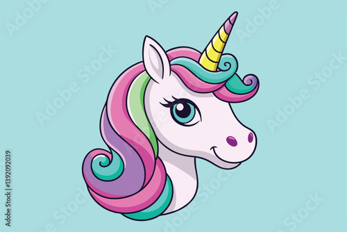 Vibrant and whimsical cartoon unicorn head illustration, featuring playful laughter and neighing sounds.