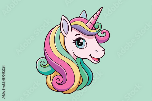 Vibrant and whimsical cartoon unicorn head illustration, featuring playful laughter and neighing sounds.