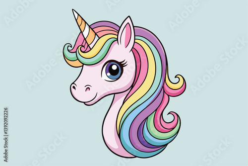 Vibrant and whimsical cartoon unicorn head illustration, featuring playful laughter and neighing sounds.