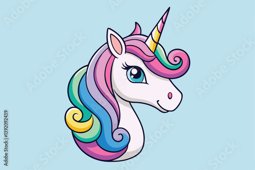 Vibrant and whimsical cartoon unicorn head illustration, featuring playful laughter and neighing sounds.
