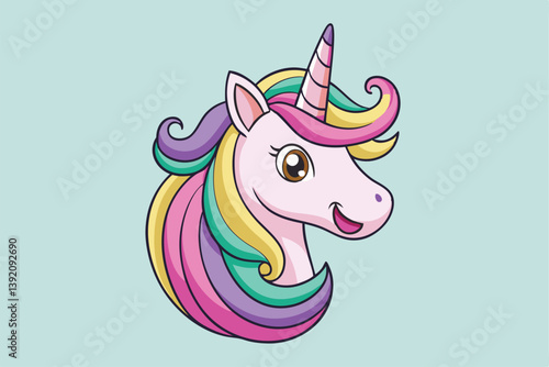 Vibrant and whimsical cartoon unicorn head illustration, featuring playful laughter and neighing sounds.