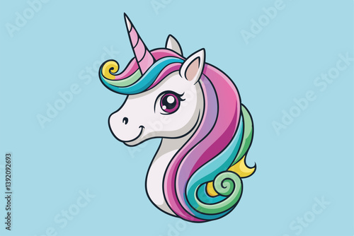 Vibrant and whimsical cartoon unicorn head illustration, featuring playful laughter and neighing sounds.
