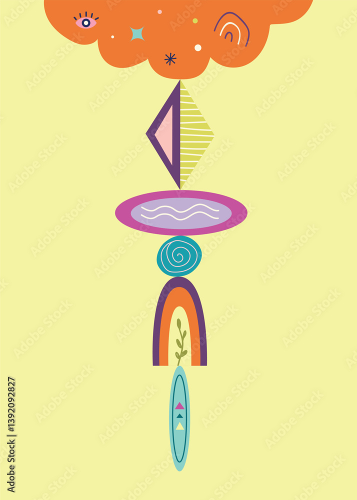 Naklejka premium Abstract Geometric Design with Rainbow and Cloud