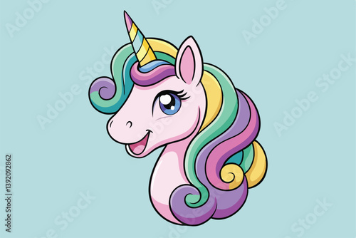 Vibrant and whimsical cartoon unicorn head illustration, featuring playful laughter and neighing sounds.