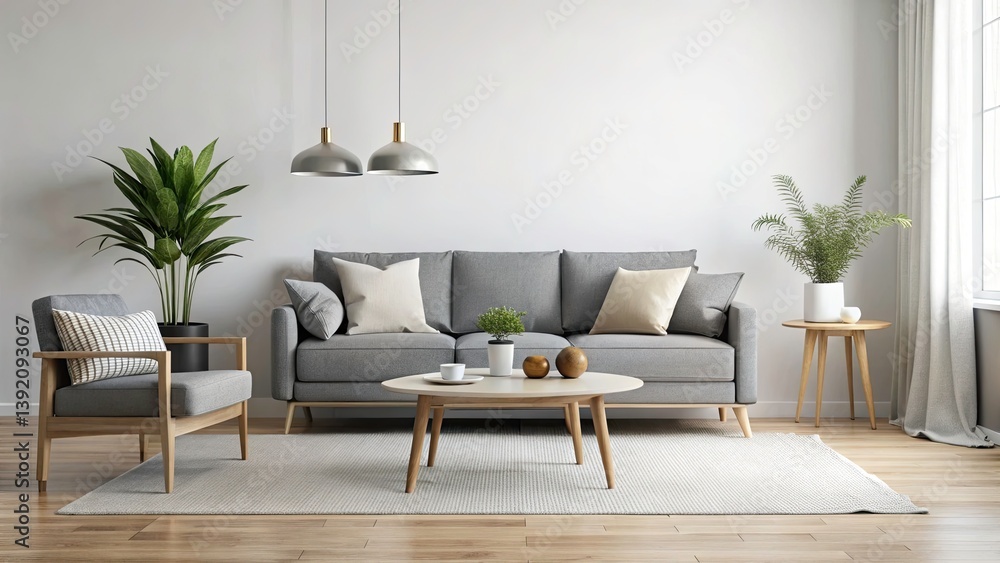 Fototapeta premium Bokeh Effect: Sleek Gray Scandinavian Living Room - Minimalist Nordic Design