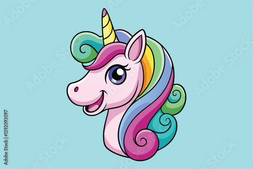 Vibrant and whimsical cartoon unicorn head illustration, featuring playful laughter and neighing sounds.