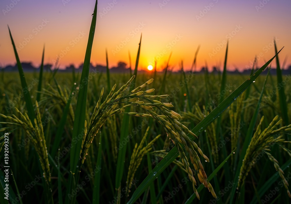 Fototapeta premium Sunrise illuminates dew-kissed rice paddy warm golden hues. AI Generated