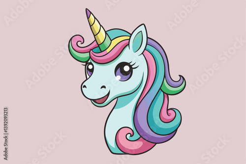 Vibrant and whimsical cartoon unicorn head illustration, featuring playful laughter and neighing sounds.