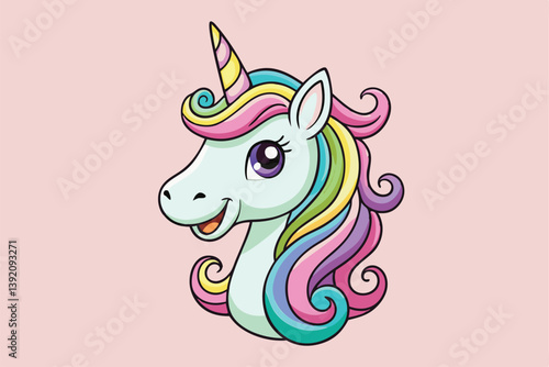 Vibrant and whimsical cartoon unicorn head illustration, featuring playful laughter and neighing sounds.