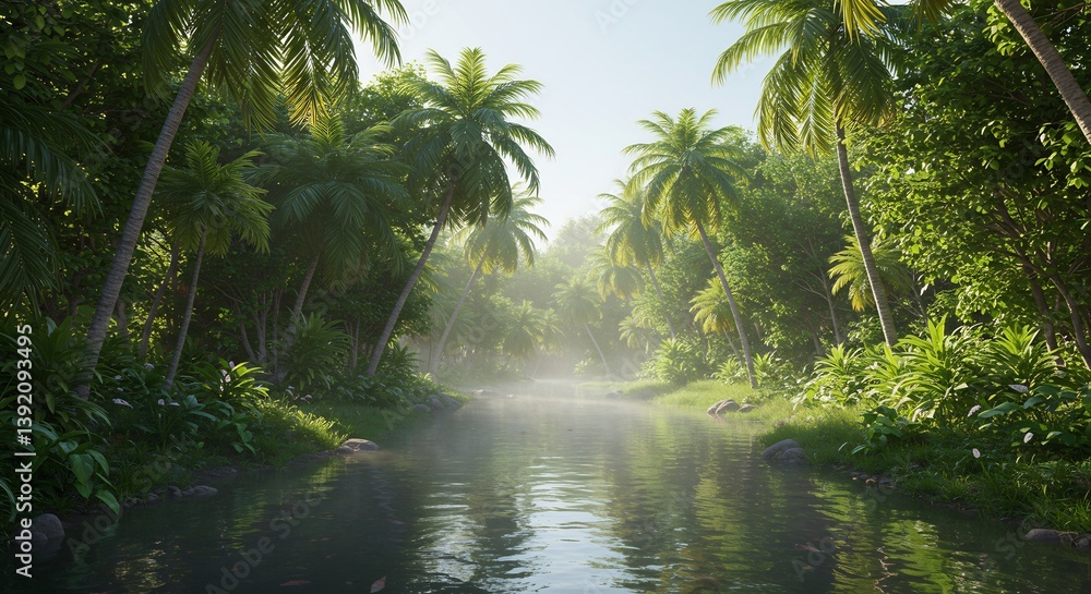 Obraz premium Serene Tropical River Path Sunlight Lush Green Foliage. AI Generated