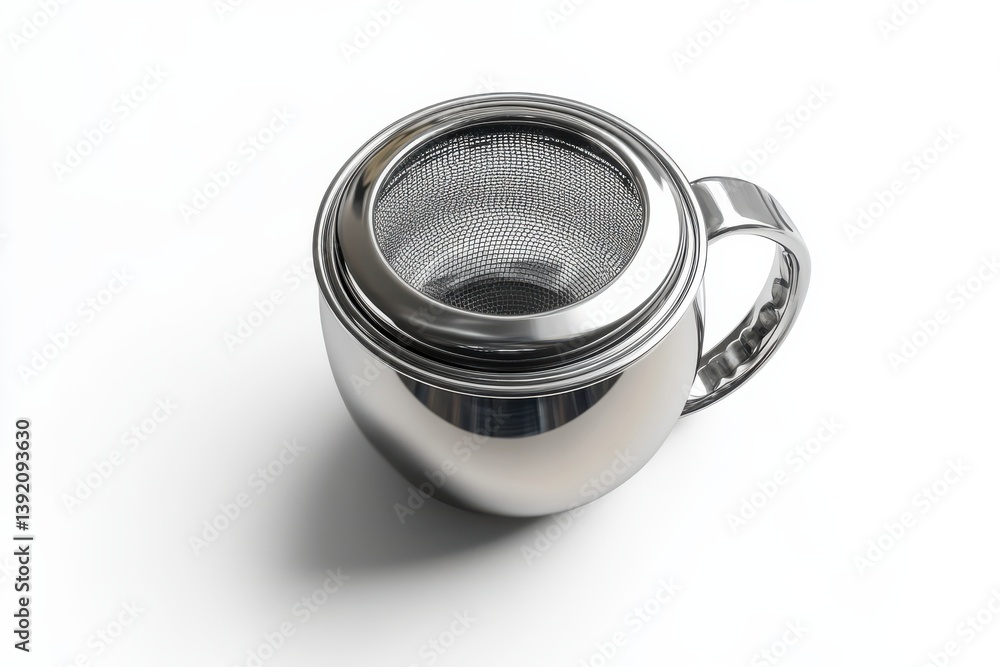 Sleek stainless steel tea infuser cup perfect for loose leaf tea brewing shiny metallic finish isolated on transparent background Sleek stainless steel tea infuser cup perfect for loose leaf tea brewing shiny metallic finish isolated on transparent background