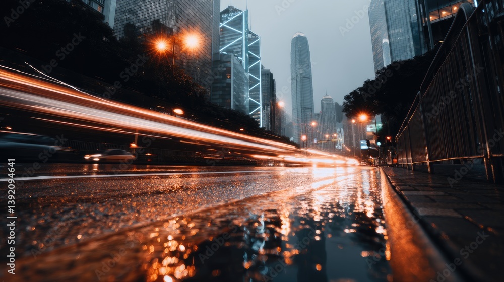 Obraz premium City street at night with light trails and wet pavement