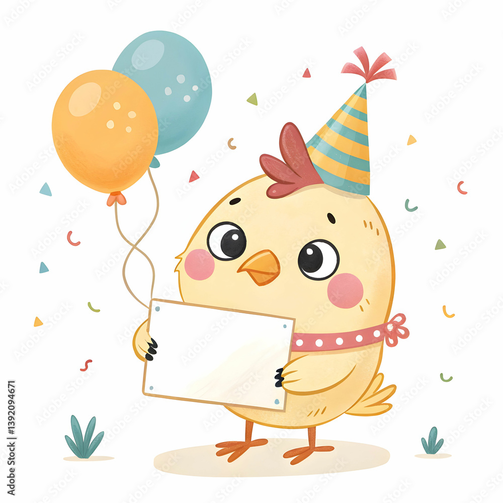 Fototapeta premium cute cartoon birthday chicken holding a blank sign
