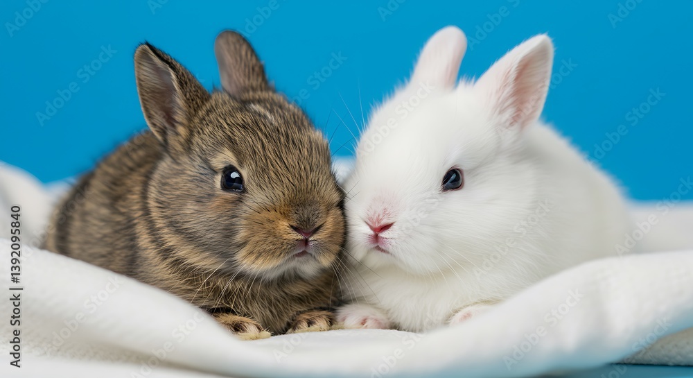 Fototapeta premium Bunny Buddies A Gentle Moment Sweet Little Rabbits Cozy Close Up Brown And White Rabbits Soft Focus Two Bunnies A Touching Portrait Adorable Baby Rabbits Peaceful Scene AI Generated