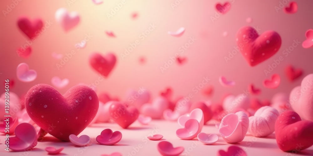 A Romantic Scene with Numerous Pink Hearts Falling and Resting on a Soft Pink Surface A Romantic Scene with Numerous Pink Hearts Falling and Resting on a Soft Pink Surface