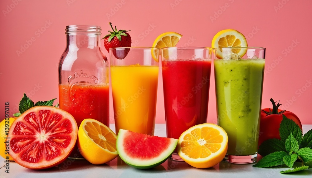 Fresh Colorful Fruit Juices And Smoothies Displayed On Pink Background With Citrus Fruits Fresh Colorful Fruit Juices And Smoothies Displayed On Pink Background With Citrus Fruits