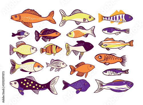 Cartoon fishes. Tuna mackerel sardine sea bass sturgeon marine and fresh water underwater life fins gilled animals, seafood aquatic scaly creatures ocean dwellers, isolated vector illustration