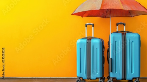 Travel preparation stylish blue luggage with umbrella on vibrant yellow background lifestyle shoot indoor setting