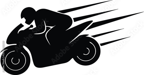 A stylized black silhouette of a racing motorcycle with a rider in a low, aerodynamic position, designed to convey high speed and motion